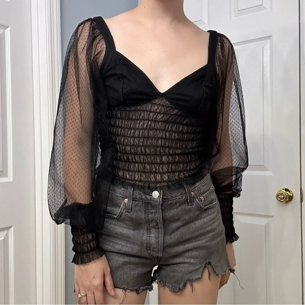 Free People Blouse Sheer Mesh Black Puff Sleeve Statement Sexy Size Extra Small